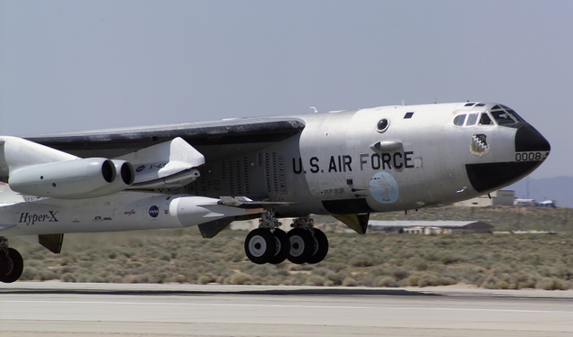 The NASA X-43 mounted to a modified Pegasus rocket and carried aloft by Balls 8 (NASA)